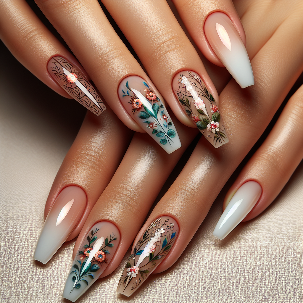 Acrylic Nail Art with Hand-Painted Details